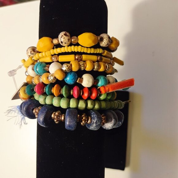 Colorful Beaded Bracelet Set With Yellow Green Blue & Red Beads-NEW - Picture 1 of 4